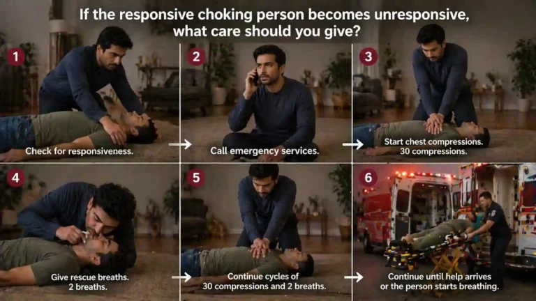 if the responsive choking person becomes unresponsive, what care should you give?